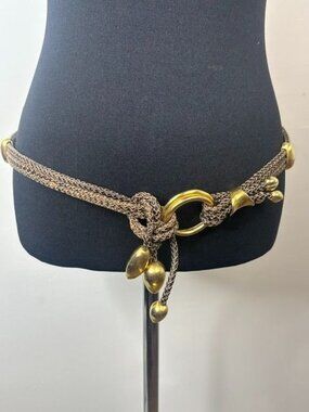 Vintage Clara Studio Brown Braided Triple Strand Leather Belt w/ Gold Detail